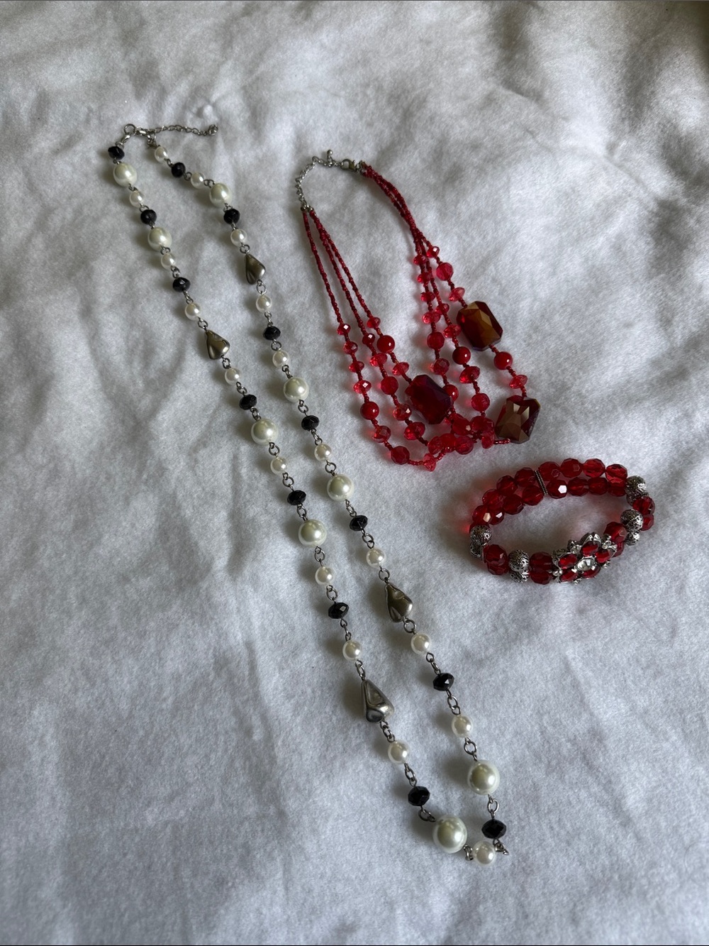 2 Necklaces and 1 Bracelet: Red Glass Bead Multi-Strand Necklace